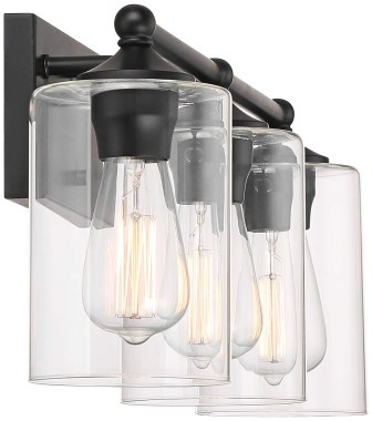 360-Lighting-Bellings-Modern-Industrial-Vintage-Wall-Mount-Light-Black-Metal-Hardwired-24-Wide-3-Light-Vanity-Fixture-Clear-Glass-Cylinder-Shades-for-Bat