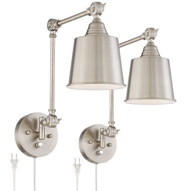 360-Lighting-Mendes-Modern-Industrial-Adjustable-Swing-Arm-Wall-Lamps-with-Cord-Set-of-2-Brushed-Nickel-Plug-in-Light-Fixture-Dimmable-Metal-Shade-Bedroom-1